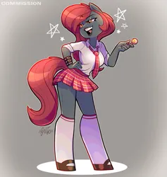 Size: 971x1024 | Tagged: safe, artist:xconito, derpibooru import, oc, oc:jessi-ka, unofficial characters only, anthro, earth pony, amused, candy, clothes, commission, drop shadow, earth pony oc, eyebrows visible through hair, food, gray background, hand on hip, image, jpeg, kneesocks, lidded eyes, lips, lipstick, lollipop, necktie, open smile, plaid, plaid skirt, pose, raised eyebrow, red mane, school uniform, schoolgirl, shirt, shoes, signature, simple background, skirt, socks, solo, standing, stars, studded bracelet, uniform