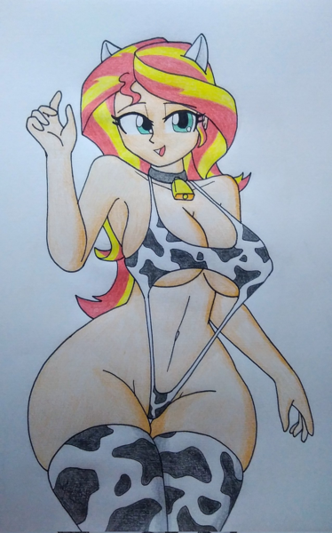 Size: 1276x2048 | Tagged: suggestive, artist:spartanmora, derpibooru import, sunset shimmer, human, equestria girls, g4, armpits, bell, belly button, big breasts, bikini, breasts, busty sunset shimmer, butt, choker, cleavage, clothes, cow ears, cowbell, cowkini, cowprint, curvy, erect nipples, female, fetish outfit, hourglass figure, huge butt, image, large butt, love handles, nipple outline, open mouth, open smile, paper background, png, raised arm, sexy, skindentation, sling bikini, smiling, socks, solo, solo female, string bikini, swimsuit, thigh highs, traditional art, underboob, wide hips