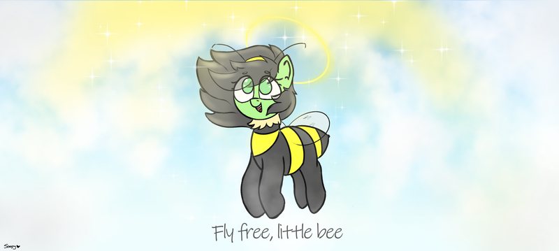 Size: 3339x1500 | Tagged: safe, artist:soopy, oc, oc:anonfilly, oc:beefilly, unofficial characters only, bee, bee pony, insect, original species, pony, 4chan, female, filly, flying, image, in memoriam, png, signature, solo, tribute