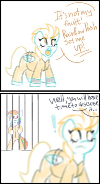 Size: 1117x2048 | Tagged: safe, artist:pozya1007, derpibooru import, lightning dust, rainbow dash, g4, bars, bound wings, clothes, colored lineart, comic, gift art, image, jpeg, never doubt rainbowdash69's involvement, prison outfit, prisoner, prisoner rd, sketch, text, wings