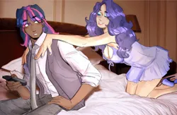 Size: 1609x1049 | Tagged: safe, artist:killektric, derpibooru import, rarity, twilight sparkle, human, g4, bed, bedroom eyes, blackwashing, blanket, boob window, breasts, clothes, dark skin, dress, duo, duo female, ear piercing, earring, eyeshadow, female, grin, gritted teeth, high heels, humanized, image, jewelry, jpeg, lesbian, lip bite, lipstick, makeup, nail polish, necktie, one eye closed, pants, piercing, pillow, ship:rarilight, shipping, shirt, shoes, smiling, teeth, vest, wink