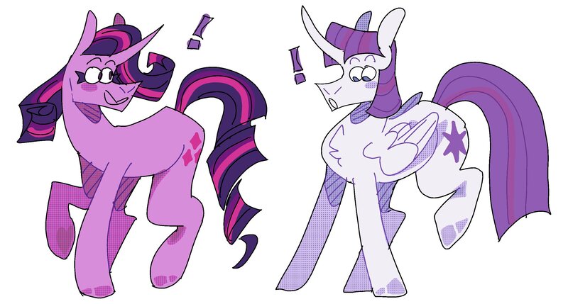 Size: 2772x1487 | Tagged: safe, artist:lockandkeyhyena, derpibooru import, rarity, twilight sparkle, twilight sparkle (alicorn), alicorn, pony, unicorn, g4, chest fluff, duo, duo female, exclamation point, female, horn, image, jpeg, lesbian, mare, open mouth, palette swap, recolor, ship:rarilight, shipping, simple background, unshorn fetlocks, white background