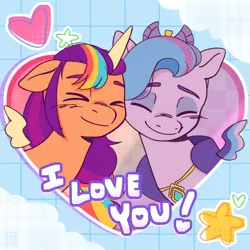 Size: 2048x2048 | Tagged: safe, artist:l211art, derpibooru import, queen haven, sunny starscout, alicorn, pony, g5, my little pony: a new generation, commission, female, heart, holiday, image, lesbian, nuzzling, png, race swap, ship:sunnyhaven, shipping, smiling, sunnycorn, valentine, valentine's day, ych result