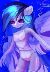 Size: 2000x2900 | Tagged: suggestive, artist:trankvimanger, derpibooru import, oc, unofficial characters only, anthro, pegasus, abstract background, clothes, image, panties, png, socks, solo, spread wings, tanktop, thigh highs, underwear, wings