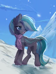 Size: 1900x2500 | Tagged: safe, artist:trankvimanger, derpibooru import, oc, unofficial characters only, bat pony, pony, clothes, commission, ear piercing, earring, fangs, image, jewelry, piercing, png, scarf, shooting star, snow, snowfall, solo, ych result