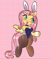 Size: 941x1080 | Tagged: safe, artist:shugrcube, derpibooru import, fluttershy, anthro, unguligrade anthro, g4, abstract background, arm hooves, blushing, breasts, bunny suit, choker, cleavage, clothes, female, image, open mouth, open smile, png, smiling, solo