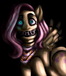 Size: 1550x1802 | Tagged: semi-grimdark, artist:crystalthehybridwolf, derpibooru import, fluttershy, pegasus, pony, g4, animatronic, bib, chica, creepy, crossover, female, five nights at freddy's, image, mare, png, solo