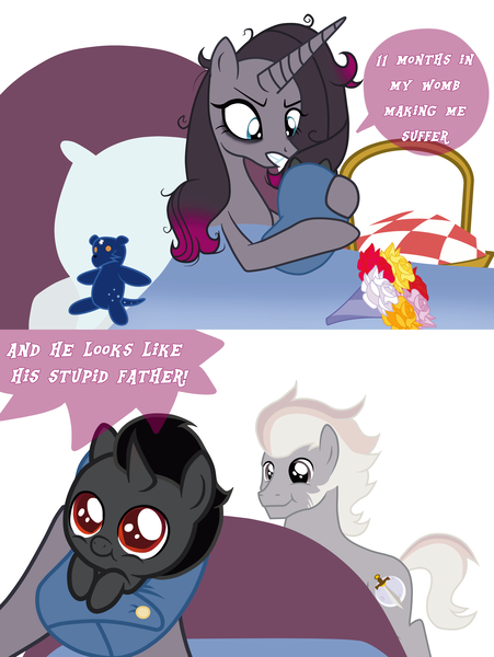 Size: 3000x3987 | Tagged: safe, artist:messy sketch, derpibooru import, king sombra, oleander (tfh), oc, pony, them's fightin' herds, g4, baby, bed, black, blue, colt, colt sombra, community related, father and child, father and son, female, foal, gray, image, male, mare, meme, mother and child, mother and son, nine months in my womb making me suffer, pink, plushie, png, red, red eyes, stallion