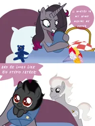 Size: 3000x3987 | Tagged: safe, artist:messy sketch, derpibooru import, king sombra, oleander (tfh), oc, pony, them's fightin' herds, g4, baby, bed, black, blue, colt, colt sombra, community related, father and child, father and son, female, foal, gray, image, male, mare, meme, mother and child, mother and son, nine months in my womb making me suffer, pink, plushie, png, red, red eyes, stallion