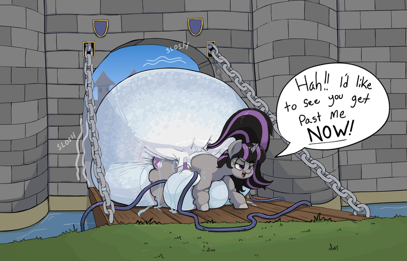 Size: 2396x1538 | Tagged: questionable, artist:parumpi, derpibooru import, oc, oc:magna-save, unofficial characters only, pony, unicorn, g4, blocking, castle, dialogue, diaper, diaper fetish, diaper inflation, drawbridge, female, fetish, horn, hose, image, impossibly large diaper, leaking, leaky diaper, lidded eyes, mare, moat, onomatopoeia, open mouth, open smile, png, smiling, smug, solo, solo female, speech bubble, water filled diaper