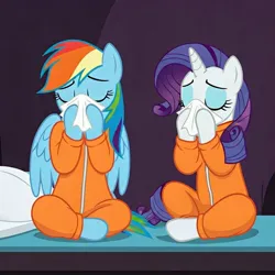 Size: 1024x1024 | Tagged: safe, ai content, derpibooru import, generator:aria, machine learning generated, pegasus, pony, unicorn, clothes, duo, duo female, female, handkerchief, horn, image, jpeg, jumpsuit, mare, nose blowing, pillow, prison outfit, sitting, tissue