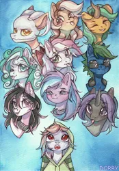 Size: 4694x6752 | Tagged: safe, artist:dorry, derpibooru import, oc, oc:blazey sketch, oc:jungle, oc:lunylin, oc:nikita, oc:sweet shadow, oc:zugatti, unofficial characters only, donkey, pegasus, pony, accessory, clothes, hoodie, image, jpeg, male, simple background, stallion, traditional art, watercolor painting