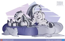 Size: 1500x947 | Tagged: safe, artist:virenth, derpibooru import, oc, oc:virenth, pony, zebra, ass up, bed, braid, crossed legs, eyelashes, eyes closed, face down ass up, female, floppy ears, hooves, image, large butt, mare, on bed, piercing, pillow, png, raised tail, solo, stretching, tail, underhoof