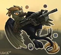 Size: 2200x1989 | Tagged: safe, artist:uteuk, derpibooru import, oc, oc:gunner, unofficial characters only, gryphon, amputee, griffon oc, heavy machine gun, image, png, prosthetic leg, prosthetic limb, prosthetics, weapon