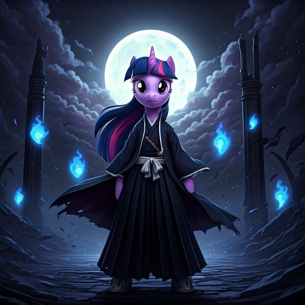 Size: 1024x1024 | Tagged: safe, ai content, generator:google imagen 3.0, machine learning generated, nightcafe ai, twilight sparkle, anime, bleach (manga), crossover, image, jpeg, soul reaper