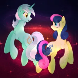 Size: 1000x1000 | Tagged: safe, artist:pepinosolar, derpibooru import, bon bon, lyra heartstrings, sweetie drops, earth pony, pony, unicorn, g4, duo, female, horn, image, jpeg, lesbian, looking at each other, looking at someone, lyrabon, shipping, smiling