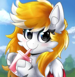 Size: 1836x1887 | Tagged: safe, artist:deraniel, derpibooru import, oc, oc:silver hush, unofficial characters only, pony, blushing, cloud, cute, drink, drinking straw, ear fluff, image, looking at you, png, sky, smiling, solo, wings