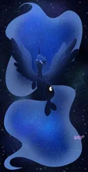 Size: 4000x7841 | Tagged: safe, artist:acidigon, derpibooru import, princess luna, alicorn, pony, g4, ethereal mane, ethereal tail, eyes closed, female, flying, image, impossibly long mane, impossibly long tail, large wings, long mane, mare, png, round belly, solo, space, tail, wings