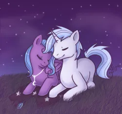 Size: 639x599 | Tagged: safe, artist:talisstardust, derpibooru import, oc, oc:moonstone, oc:starlight sonata, unofficial characters only, pegasus, pony, unicorn, 2012, cuddling, duo, duo male and female, eyes closed, female, folded wings, horn, image, jewelry, lying down, male, mare, necklace, night, night sky, png, prone, sky, stallion, wings