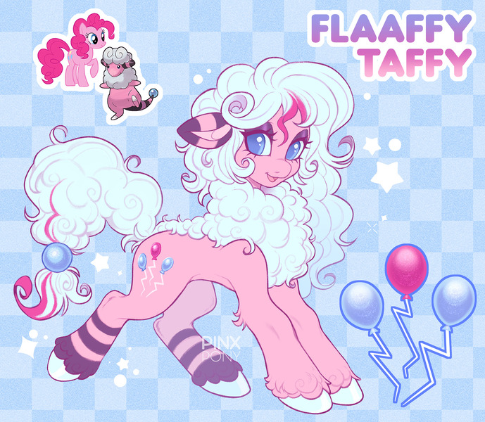 Size: 1723x1500 | Tagged: safe, artist:pinxpony, derpibooru import, pinkie pie, oc, oc:flaaffy taffy, unofficial characters only, earth pony, flaaffy, pony, sheep, sheep pony, g4, blue background, blue eyes, blue pupils, checkered background, colored hooves, colored pupils, concave belly, crossover fusion, ear stripes, elbow fluff, eyeshadow, fusion, fusion:flaaffy, fusion:pinkie pie, hooves, image, jpeg, leg stripes, light blue background, makeup, pokemon fusion, pokémon, ruff, simple background, solo, stars, stripes, unshorn fetlocks