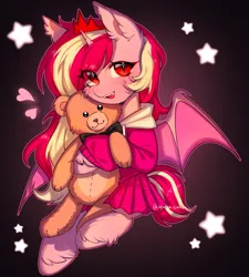 Size: 2849x3159 | Tagged: safe, artist:tyutya, derpibooru import, oc, oc:raspberries, unofficial characters only, alicorn, bat pony, bat pony alicorn, bat pony alicorn oc, bat wings, clothes, colored wings, commission, crown, cute, dress, ear tufts, fangs, horn, image, jewelry, long mane, looking at you, pink hoodie, plushie, png, red eyes, regalia, short tail, slit pupils, smiling, smiling at you, tail, teddy bear, two toned mane, two toned tail, two toned wings, wings, ych result