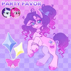 Size: 1900x1900 | Tagged: safe, artist:pinxpony, derpibooru import, pinkie pie, rarity, oc, oc:party favor, unofficial characters only, earth pony, pony, g4, bow, bracelet, checkered background, colored hooves, colored muzzle, countershading, ear piercing, earring, earth pony oc, eyeshadow, female, fusion, fusion:pinkie pie, fusion:rarity, gradient background, gradient mane, gradient tail, hair bow, hooves, image, jewelry, jpeg, looking at you, makeup, mare, necklace, open mouth, open smile, pale belly, piercing, pink eyeshadow, ponytail, purple background, rearing, simple background, smiling, solo, tail, unshorn fetlocks