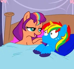 Size: 4604x4275 | Tagged: safe, artist:shieldwingarmorofgod, derpibooru import, sunny starscout, oc, oc:shield wing, alicorn, earth pony, g4, g5, alicorn oc, bed, bedroom eyes, blanket, canon x oc, female, g5 to g4, generation leap, horn, image, male, mane stripe sunny, pillow, png, shipping, wings