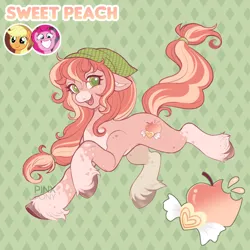 Size: 1900x1900 | Tagged: safe, artist:pinxpony, derpibooru import, oc, oc:sweet peach, unofficial characters only, earth pony, pony, g4, anatomically incorrect, coat markings, colored muzzle, colored pinnae, colored pupils, earth pony oc, female, floppy ears, freckles, fusion, fusion:applejack, fusion:applepie, fusion:pinkie pie, green background, green eyes, green pupils, headkerchief, image, incorrect leg anatomy, mare, open mouth, open smile, pale belly, patterned background, png, shoulder freckles, simple background, smiling, socks (coat marking), solo, tail, tied mane, tied tail