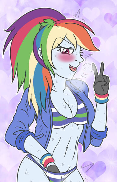 Size: 1541x2387 | Tagged: questionable, artist:sumin6301, derpibooru import, rainbow dash, human, equestria girls, g4, abstract background, bedroom eyes, belly, belly button, beneath clothes, blushing, bra, breasts, busty rainbow dash, cleavage, clothes, female, gloves, hand in underwear, image, implied masturbation, jacket, jpeg, looking at you, open mouth, open smile, panties, peace sign, smiling, smiling at you, solo, solo female, striped panties, striped underwear, sweat, underwear