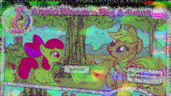 Size: 1280x720 | Tagged: safe, derpibooru import, edit, apple bloom, applejack, fluttershy, earth pony, pegasus, pony, g4, abba, apple, apple tree, applebloom's big adventure, bow, female, food, glitch art, hat, image, mare, png, sweet apple acres, tree