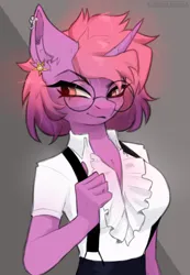 Size: 1496x2160 | Tagged: safe, artist:elektra-gertly, derpibooru import, oc, oc:soules phantom, unofficial characters only, anthro, unicorn, breasts, clothes, commission, ear piercing, ember eyes, glasses, gray background, horn, image, piercing, pink, png, ruffles, shirt, simple background, smiling, smirk, solo, suspenders, t-shirt