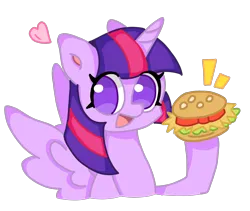 Size: 2256x1901 | Tagged: safe, anonymous artist, ponerpics import, twilight sparkle, twilight sparkle (alicorn), alicorn, burger, cute, food, happy, hay burger, heart, image, open mouth, png, simple background, solo, transparent background, twiabetes