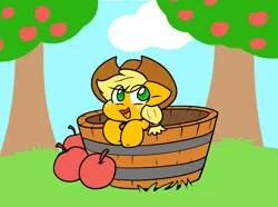 Size: 2397x1780 | Tagged: safe, artist:zutcha, derpibooru import, applejack, earth pony, pony, g4, apple, apple tree, bucket, cute, eye clipping through hair, female, floppy ears, food, image, jackabetes, mare, no pupils, open mouth, open smile, png, remake, smiling, solo, tree