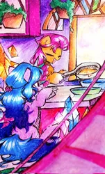 Size: 1235x2048 | Tagged: safe, artist:liaaqila, derpibooru import, izzy moonbow, sunny starscout, earth pony, pony, unicorn, g5, braided ponytail, breakfast, chest fluff, coat markings, cooking, crystal, crystal brighthouse, duo, duo female, eyes closed, female, food, frying pan, hair tie, happy, headband, hoof hold, horn, image, indoors, jpeg, mare, morning, open smile, pancakes, potted plant, roommates, shiny hair, signature, sitting, smiling, table, unshorn fetlocks