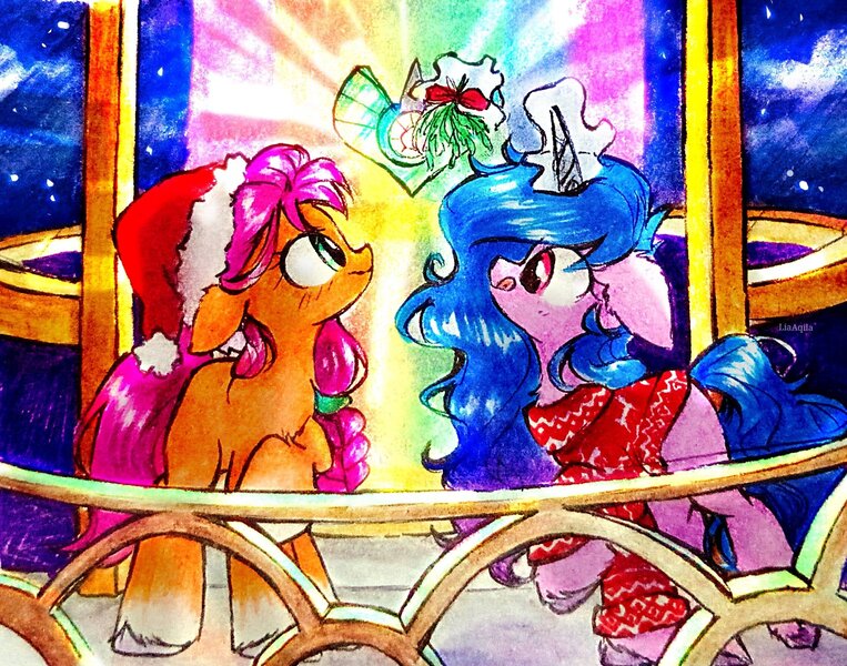 Size: 2232x1756 | Tagged: safe, artist:liaaqila, derpibooru import, izzy moonbow, sunny starscout, earth pony, pony, unicorn, g5, balcony, blushing, christmas, clothes, crystal, crystal brighthouse, duo, duo female, earth pony crystal, female, glow, glowing horn, hat, holiday, horn, image, imminent kissing, jpeg, lesbian, levitation, looking at someone, magic, mare, mistletoe, night, night sky, outdoors, pegasus crystal, prisbeam, railing, santa hat, ship:moonscout, shipping, sky, sweater, telekinesis, unicorn crystal, unity crystals