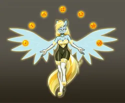 Size: 4000x3300 | Tagged: suggestive, artist:belaboy, derpibooru import, derpy hooves, anthro, pegasus, g4, aura, blonde hair, blonde mane, blonde tail, bodysuit, boots, breasts, clothes, collarbone, crossover, dragon ball, dragon ball (object), feathered wings, female, gloves, glow, gray coat, half-closed eyes, image, jpeg, latex, latex suit, looking at you, purple eyes, shoes, smiling, smirk, solo, solo female, sonic the hedgehog (series), spread wings, tail, thigh boots, white gloves, wings