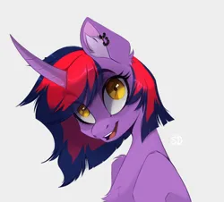 Size: 1106x1000 | Tagged: safe, artist:elektra-gertly, derpibooru import, oc, oc:lina phantom, unofficial characters only, hybrid, pony, unicorn, bust, commission, crazy face, ear fluff, ear piercing, ember eyes, faic, female, horn, image, not twilight sparkle, open mouth, piercing, png, portrait, red hair, simple background, solo, white background