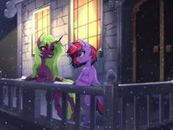 Size: 2181x1642 | Tagged: safe, artist:elektra-gertly, derpibooru import, oc, oc:crimson acid, oc:lina phantom, unofficial characters only, changeling, changeling queen, hybrid, pony, unicorn, balcony, castle, door, ear piercing, ember eyes, female, green tongue, horn, image, light, open mouth, piercing, png, raised hoof, red eyes, smiling, snow, snowfall, window, wings, winter