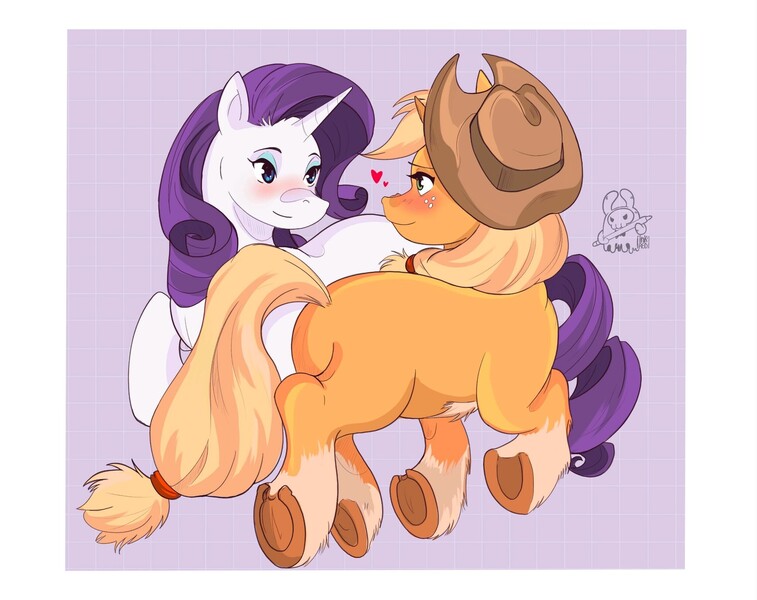 Size: 2048x1623 | Tagged: safe, artist:inkrred, derpibooru import, applejack, rarity, earth pony, pony, g4, blushing, duo, duo female, female, floating heart, frog (hoof), heart, image, jpeg, lesbian, mare, missing cutie mark, passepartout, rarijack, shipping, underhoof