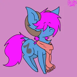 Size: 1000x1000 | Tagged: safe, artist:bunfoxx20studios, derpibooru import, oc, oc:bliss, oc:puffy bliss, unofficial characters only, earth pony, pony, chibi, clothes, commission, cute, goat horns, hair over eyes, horns, image, male, png, purple background, scarf, simple background, solo, tail, ych result, your character here