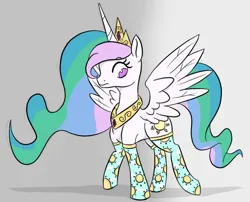 Size: 746x602 | Tagged: artist needed, safe, artist:wuzzlefluff, color edit, derpibooru import, edit, editor:wuzzlefluff, princess celestia, alicorn, pony, g4, clothes, colored, drawthread, female, image, mare, original version needed, png, requested art, socks, solo, spread wings, thigh highs, wings