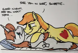 Size: 2048x1390 | Tagged: safe, artist:hoofclid, derpibooru import, braeburn, oc, oc:hoofclid, earth pony, pony, unicorn, g4, canon x oc, chest fluff, cuddling, dialogue, duo, duo male, gay, happy new year, happy new year 2025, holiday, horn, image, jpeg, lying down, male, marker drawing, on back, shipping, stallion, traditional art, unshorn fetlocks