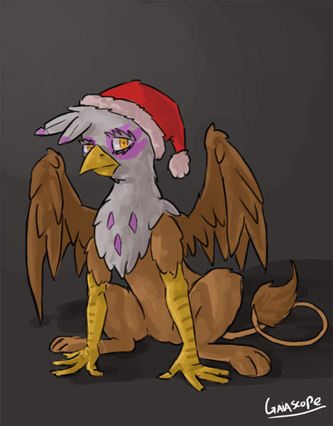 Size: 638x816 | Tagged: safe, artist:gaiascope, gilda, gryphon, 2013, christmas, eyelashes, female, hat, holiday, image, looking at you, png, santa hat, sitting, solo, spread wings, tail, wings