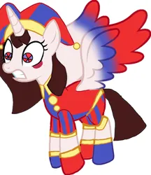 Size: 804x932 | Tagged: safe, artist:poleyfamilycrew0427, derpibooru import, ponified, alicorn, pony, anxious, crossover, female, hat, image, jester, jester hat, jester outfit, mare, png, pomni, ponmi, simple background, solo, the amazing digital circus, white background, wings