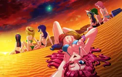 Size: 5195x3278 | Tagged: suggestive, artist:mauroz, derpibooru import, part of a set, applejack, fluttershy, pinkie pie, rainbow dash, rarity, spike, twilight sparkle, human, g4, anime, anime style, bikini, breasts, butt, clothes, humanized, image, mane seven, mane six, png, swimsuit