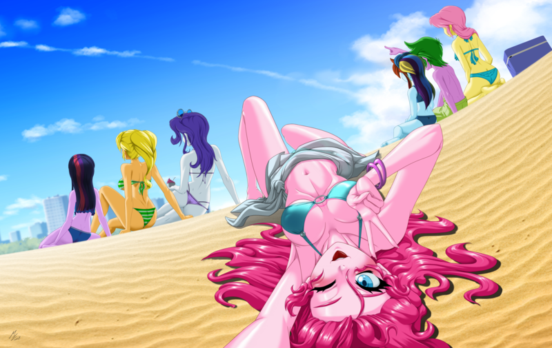 Size: 5195x3278 | Tagged: suggestive, alternate version, artist:mauroz, derpibooru import, part of a set, applejack, fluttershy, pinkie pie, rainbow dash, rarity, spike, twilight sparkle, human, equestria girls, g4, anime, anime style, bikini, breasts, butt, clothes, image, mane seven, mane six, png, swimsuit