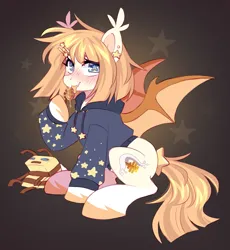 Size: 1887x2048 | Tagged: safe, artist:cheekipone, ponerpics import, oc, oc:honey milk, unofficial characters only, bat pony, pony, bat pony oc, bat wings, blushing, clothes, ear piercing, ear tufts, earring, eyebrows, fangs, female, food, freckles, gradient background, hairclip, honey, honey dipper, hoodie, hoof hold, image, jewelry, licking, looking at you, mare, minecraft bee, piercing, png, raised hoof, sitting, socks (coat marking), solo, spread wings, starry eyes, stars, tail wrap, tongue out, unshorn fetlocks, wingding eyes, wings