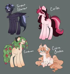 Size: 2756x2910 | Tagged: safe, artist:lilyube, derpibooru import, oc, oc:cardamom, oc:cerise, oc:creme brulee, oc:tempest slumber, earth pony, pegasus, pony, unicorn, bandana, beanbrows, bow, choker, dreadlocks, earth pony oc, eyebrows, eyebrows visible through hair, female, folded wings, freckles, frown, gray background, hair bow, hair over eyes, horn, image, jewelry, lying down, magical lesbian spawn, male, mare, necklace, nose piercing, nose ring, offspring, parent:big macintosh, parent:donut joe, parent:fleur-de-lis, parent:inky rose, parent:princess celestia, parent:rainbow dash, parent:tree hugger, parent:zephyr breeze, parents:fleurmac, parents:inkydash, parents:joelestia, parents:zephyrhugger, pegasus oc, piercing, png, prone, simple background, spiked choker, stallion, standing, unicorn oc, wings