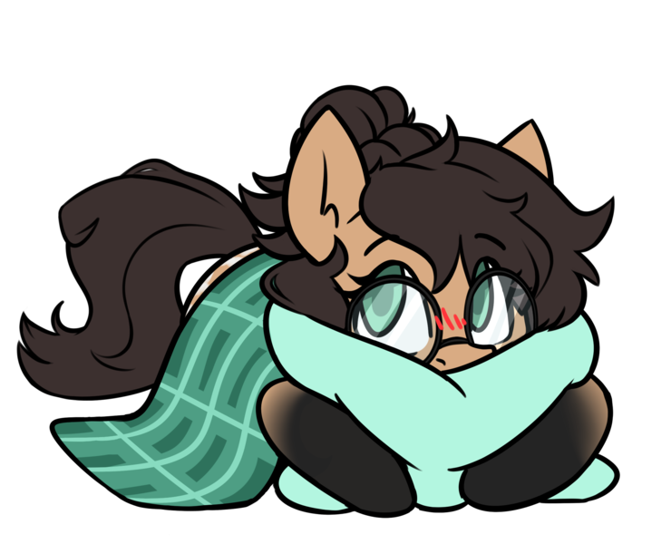 Size: 2377x1928 | Tagged: safe, artist:rivibaes, derpibooru import, part of a set, oc, oc:nixie tube, unofficial characters only, bat pony, earth pony, hybrid, wingless bat pony, blanket, blushing, coat markings, commission, dappled, eyebrows, eyebrows visible through hair, female, glasses, hug, image, pillow, pillow hug, png, simple background, socks (coat marking), solo, transparent background, wingless, ych result