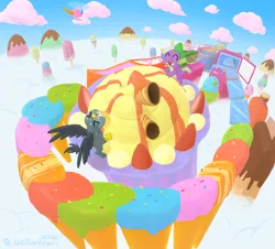 Size: 2269x2053 | Tagged: safe, artist:siemensohm, derpibooru import, gabby, spike, dragon, gryphon, g4, duo, duo male and female, eating, eyes closed, female, food, high res, ice cream, ice cream cone, image, male, open mouth, open smile, png, popsicle, puffy cheeks, smiling, winged spike, wings